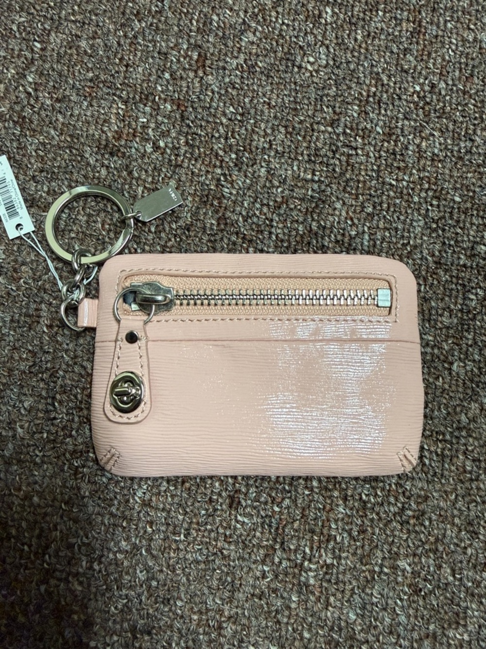 Coach textured PINK patent mini skinny card/coin pouch keychain 66328 bag charm